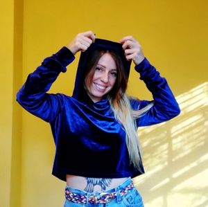 Deep Indigo Velvet Cropped Hoodie